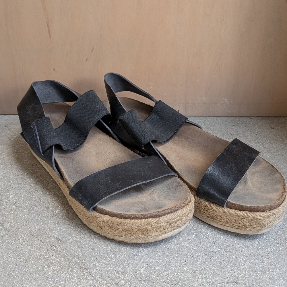 ❤️ Women's Platform Sandals Espadrilles Style Size 8 Faux Leather Black